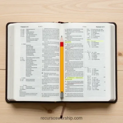 Biblia abierta cuero marrón oscuro con lápiz amarillo en lomo y versículos resaltados en amarillo sobre superficie madera natural cenital