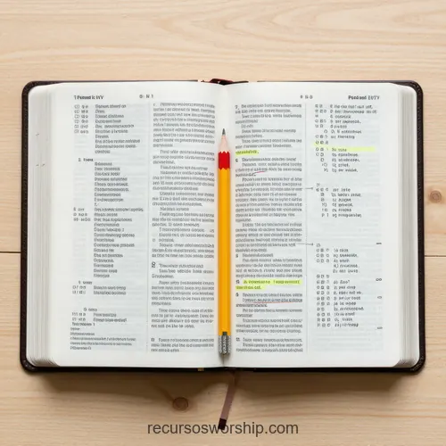Biblia Abierta con Lápiz Amarillo y Versículos Resaltados Biblia abierta cuero marrón oscuro con lápiz amarillo en lomo y versículos resaltados en amarillo sobre superficie madera natural cenital