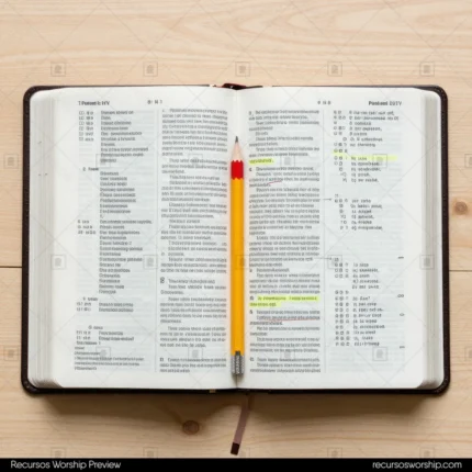 Biblia abierta cuero marrón oscuro con lápiz amarillo en lomo y versículos resaltados en amarillo sobre superficie madera natural cenital