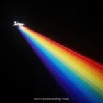Avion blanco estela arcoiris espectral completo rojo naranja amarillo verde azul indigo violeta diagonal fondo negro cuadrado cinematografico velocidad mision proposito divino gloria