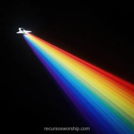 Avion blanco estela arcoiris espectral completo rojo naranja amarillo verde azul indigo violeta diagonal fondo negro cuadrado cinematografico velocidad mision proposito divino gloria