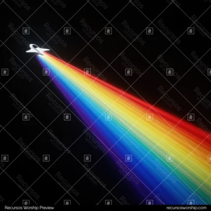 Avion blanco estela arcoiris espectral completo rojo naranja amarillo verde azul indigo violeta diagonal fondo negro cuadrado cinematografico velocidad mision proposito divino gloria