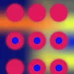 Cuadricula circulos rojo magenta vibrante anillos contorno azul indigo fondo degradado azul naranja amarillo desenfoque vertical lunares neon pop art jovenes louder worship alta energia