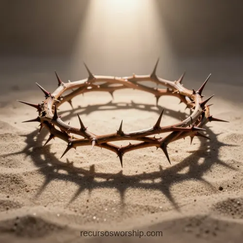 Corona de Espinas sobre Arena con Sombra Nítida y Luz Cenital Corona de espinas de ramas marrones sobre arena beige con sombra nítida proyectada e iluminación cenital cálida dorada composición cuadrada