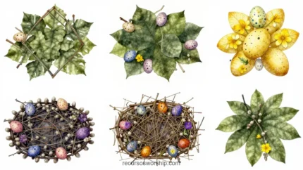 Coleccion seis elementos ilustrados pascuales primavera nidos huevos colores hojas verdes diversas flor amarilla nido oval huevos multicolor fondo blanco acuarela cuadrada