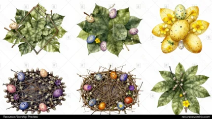 Coleccion seis elementos ilustrados pascuales primavera nidos huevos colores hojas verdes diversas flor amarilla nido oval huevos multicolor fondo blanco acuarela cuadrada