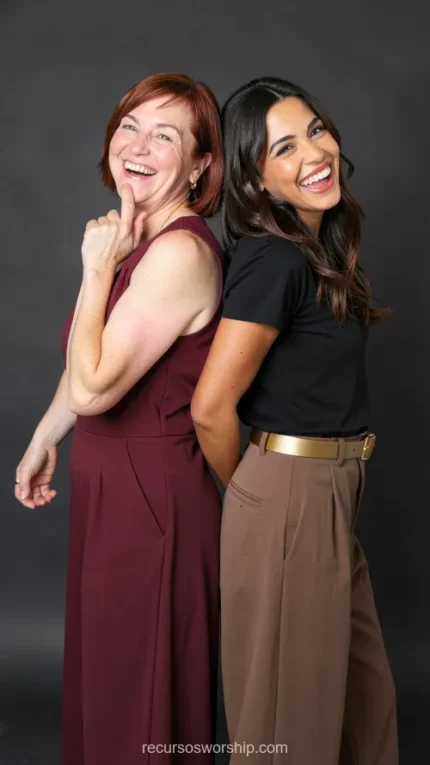 Madre pelirroja madura jumpsuit vino hija joven morena camiseta negra pantalón marron espalda espalda sonriendo riendo estudio fondo gris oscuro iluminación lateral vertical