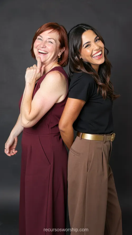 Madre Pelirroja e Hija Morena Espalda con Espalda Sonriendo Estudio Gris Cándido Madre pelirroja madura jumpsuit vino hija joven morena camiseta negra pantalón marron espalda espalda sonriendo riendo estudio fondo gris oscuro iluminación lateral vertical