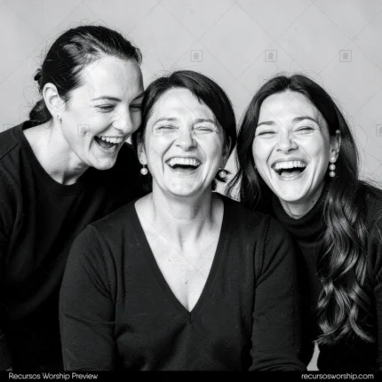 Retrato blanco negro madre madura centro dos hijas adultas lados riendo carcajadas expresividad ropa negra fondo gris estudio horizontal plano busto alegre