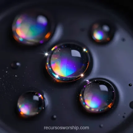 Gotas agua grandes superficie gris negra reflejos internos iridiscentes multicolor azul violeta naranja verde destellos luz brillante cuadrado macro lujo premium espiritu renovacion contemplativa