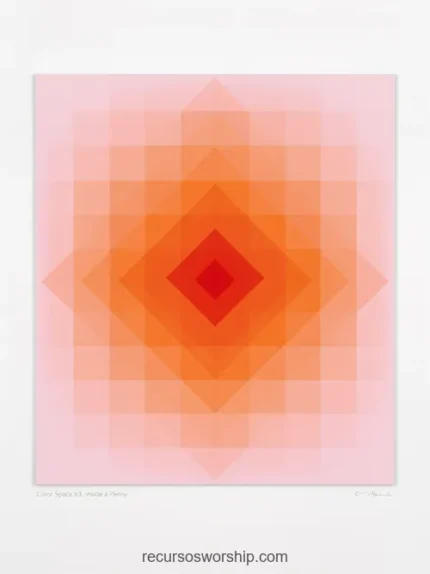 Arte geometrico preciso rombos concentricos anidados degradado rosa salmon naranja rojo intenso transparencias superpuestas fondo blanco grisaceo cuadrado geometria sagrada diseno divino precision matematica