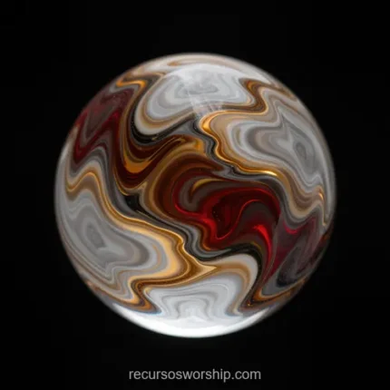 Esfera vidrio marmol tridimensional interior vetas onduladas rojo carmesi dorado ambar blanco gris fondo negro cuadrado flotante multicolor premium orbe sabiduria profundidad dios