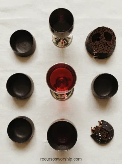 Ocho copas liturgicas negras mate copa central vino tinto brillante pan artesanal oscuro arreglo simetrico mantel beige claro vertical cenital artistico minimalista santa cena moderna