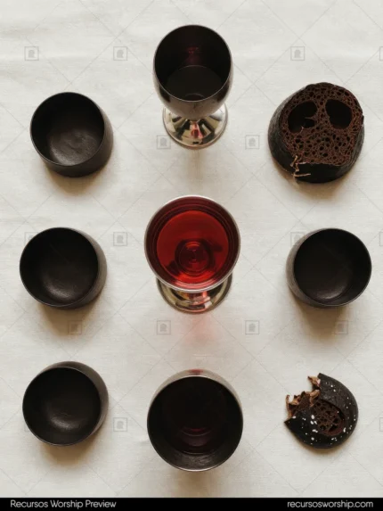 Ocho copas liturgicas negras mate copa central vino tinto brillante pan artesanal oscuro arreglo simetrico mantel beige claro vertical cenital artistico minimalista santa cena moderna