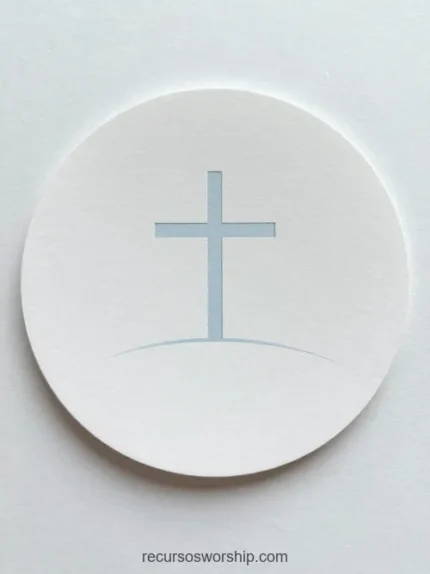 Ilustracion minimalista artistica circulo blanco relieve cruz azul grisacea centrada superficie blanca pura estilo sello hostia liturgica cuadrada plano cenital
