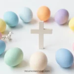 Cruz blanca pequeña centrada rodeada huevos pascua tonos pastel azul rosa amarillo morado crema circulo fondo blanco puro ramas decorativas horizontal flat lay