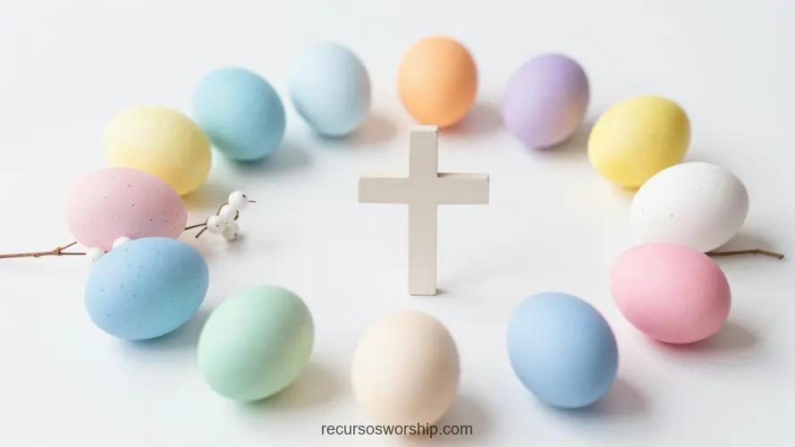 Cruz Blanca Centrada Rodeada de Huevos Pascua Pastel Círculo Flat Lay Fondo Blanco Cruz blanca pequeña centrada rodeada huevos pascua tonos pastel azul rosa amarillo morado crema circulo fondo blanco puro ramas decorativas horizontal flat lay