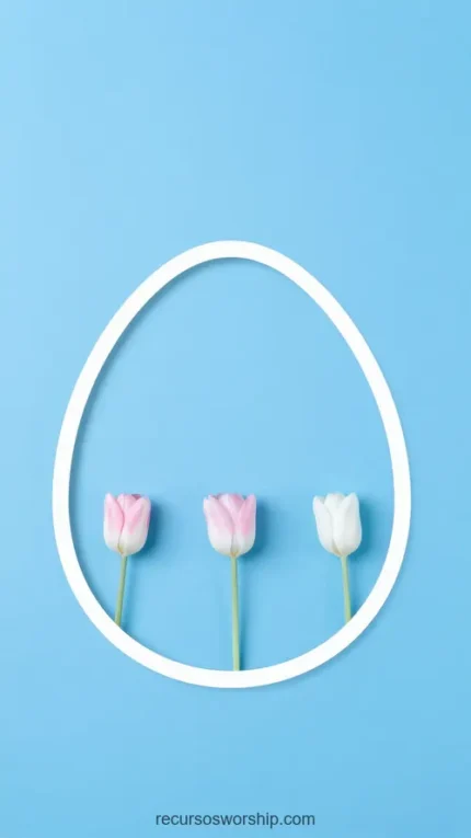 Marco forma huevo blanco tres tulipanes dos rosa palido uno blanco alineados contorno fondo azul celeste vibrante vertical movil minimalista fresco elegante pascua primaveral