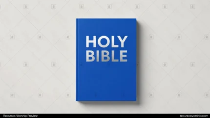 Holy Bible cerrada cubierta azul rey brillante con letras plateadas metálicas sans-serif bold sobre fondo gris claro neutro sombra sutil