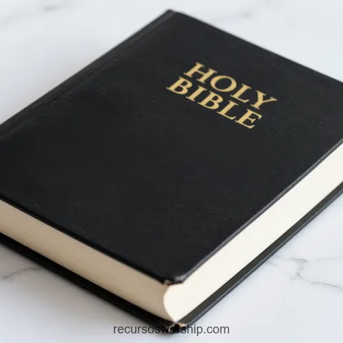 Holy Bible Negra Tapa Dura sobre Mármol Blanco Profesional Holy Bible negra tapa dura con letras doradas y cantos crema en ángulo de tres cuartos sobre superficie mármol blanco con venas grises