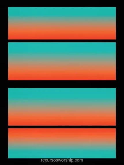 Cuatro franjas horizontales paralelas degradado teal turquesa naranja rojo fondo negro bordes suaves separacion oscura vertical patron ritmico complementario calido frio louder worship musica