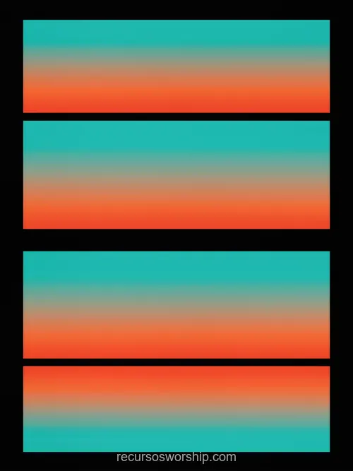 Cuatro Franjas Horizontales Degradado Teal Turquesa Naranja Rojo Fondo Negro Separadores Oscuros Vertical Cuatro franjas horizontales paralelas degradado teal turquesa naranja rojo fondo negro bordes suaves separacion oscura vertical patron ritmico complementario calido frio louder worship musica