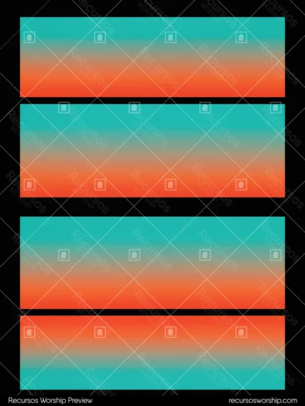 Cuatro franjas horizontales paralelas degradado teal turquesa naranja rojo fondo negro bordes suaves separacion oscura vertical patron ritmico complementario calido frio louder worship musica