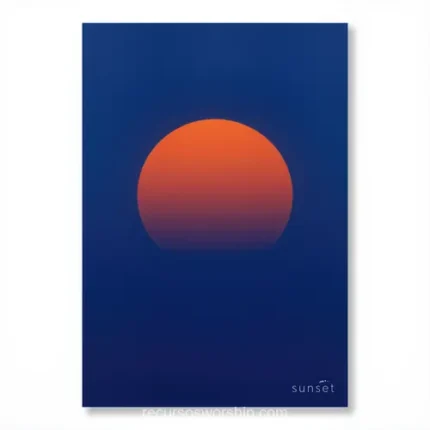 Sol circular naranja rojo plano centrado campo azul marino profundo gradiente circular sutil cuadrado minimalismo poetico poster retro contemplativa luz dios atardecer solar