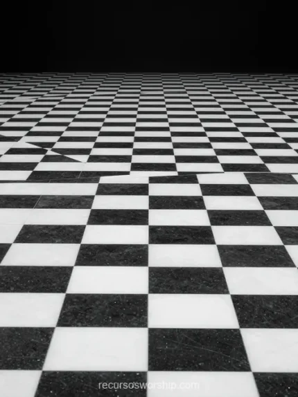 Suelo baldosas damero blanco negro perspectiva efecto profundidad converge horizonte superior oscuro fondo negro vertical ajedrezado arquitectonico clasico editorial sobrio