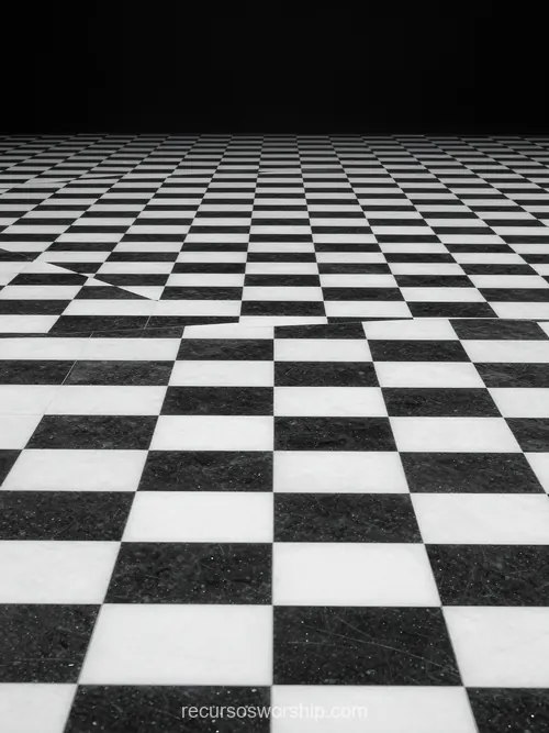 Suelo Baldosas Damero Blanco Negro Perspectiva Converge Horizonte Oscuro Fondo Negro Vertical Ajedrezado Suelo baldosas damero blanco negro perspectiva efecto profundidad converge horizonte superior oscuro fondo negro vertical ajedrezado arquitectonico clasico editorial sobrio
