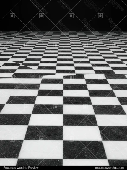 Suelo baldosas damero blanco negro perspectiva efecto profundidad converge horizonte superior oscuro fondo negro vertical ajedrezado arquitectonico clasico editorial sobrio