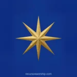 Estrella ocho puntas dorada metalica relieve centrada fondo azul marino profundo liso cuadrado emblema estelar premium guia estrella belen navidad adviento diseno iglesia