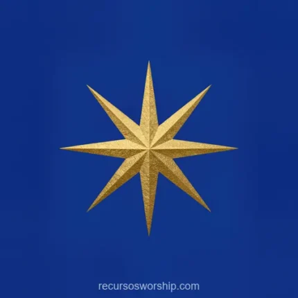 Estrella ocho puntas dorada metalica relieve centrada fondo azul marino profundo liso cuadrado emblema estelar premium guia estrella belen navidad adviento diseno iglesia