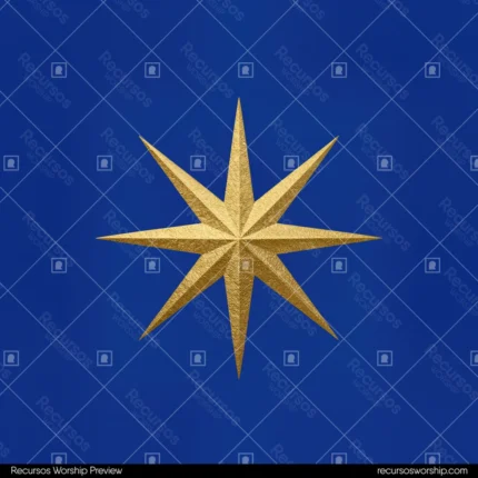 Estrella ocho puntas dorada metalica relieve centrada fondo azul marino profundo liso cuadrado emblema estelar premium guia estrella belen navidad adviento diseno iglesia