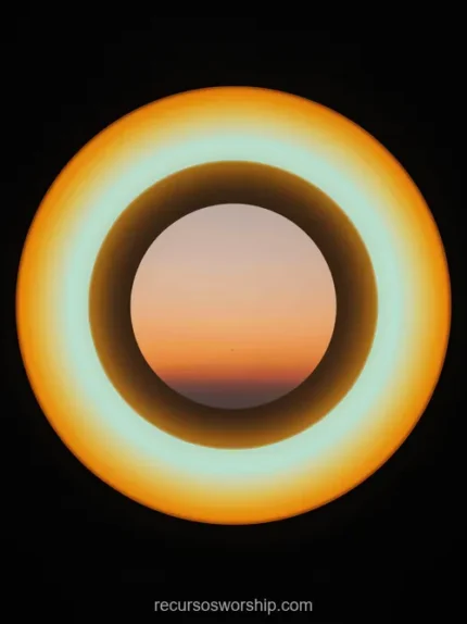 Anillo circular naranja ambar brillante borde cian turquesa atardecer naranja rosado centro hueco fondo negro absoluto vertical geometrico eclipse cosmico dramatico portal luminoso