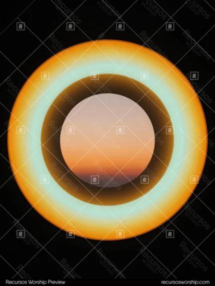 Anillo circular naranja ambar brillante borde cian turquesa atardecer naranja rosado centro hueco fondo negro absoluto vertical geometrico eclipse cosmico dramatico portal luminoso