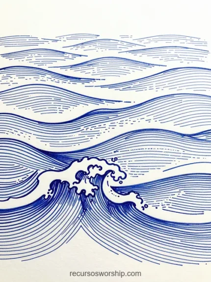 Olas marinas grabado linocut trazos expresivos azul cobalto fondo blanco vertical artistico oceanico ukiyo-e artesanal dinamico ministerial serie fe tormenta