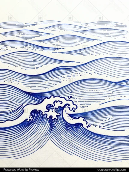 Olas marinas grabado linocut trazos expresivos azul cobalto fondo blanco vertical artistico oceanico ukiyo-e artesanal dinamico ministerial serie fe tormenta