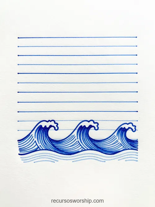 Papel Rayado Líneas Azul Fino Olas Grabado Azul Cobalto Fondo Blanco Vertical Cuaderno Artístico Papel rayado lineas azul fino superior olas marinas grabado azul cobalto inferior fondo blanco vertical cuaderno artistico marino devocional reflexion ministerial escritura