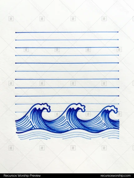 Papel rayado lineas azul fino superior olas marinas grabado azul cobalto inferior fondo blanco vertical cuaderno artistico marino devocional reflexion ministerial escritura