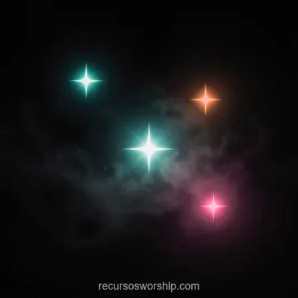 Cuatro estrellas rayos cruzados cian turquesa naranja magenta rosa niebla difusa fondo negro nebuloso cuadrado campo estelar espectral cosmico multicolor ministerial gloria creacion