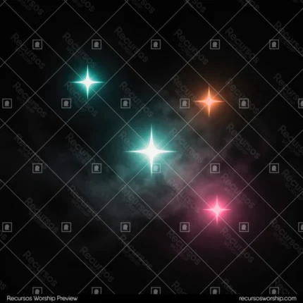 Cuatro estrellas rayos cruzados cian turquesa naranja magenta rosa niebla difusa fondo negro nebuloso cuadrado campo estelar espectral cosmico multicolor ministerial gloria creacion
