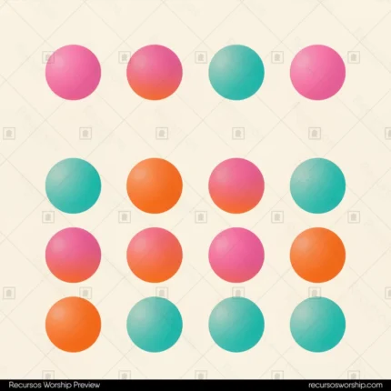 Grid cuadricula 4x3 esferas circulares degradado magenta rosa teal verde naranja melocoton fondo beige crema cuadrado multicolor festivo alegre patron orbes diversidad comunion ministerial