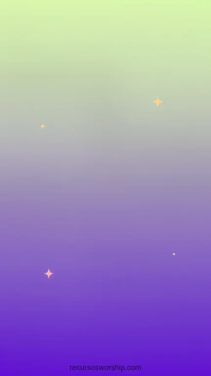 Degradado vertical verde lima amarillento superior violeta purpura brillante inferior estrellas doradas cuatro puntas dispersas onirico festivo magico alegre ministerial infantil juvenil