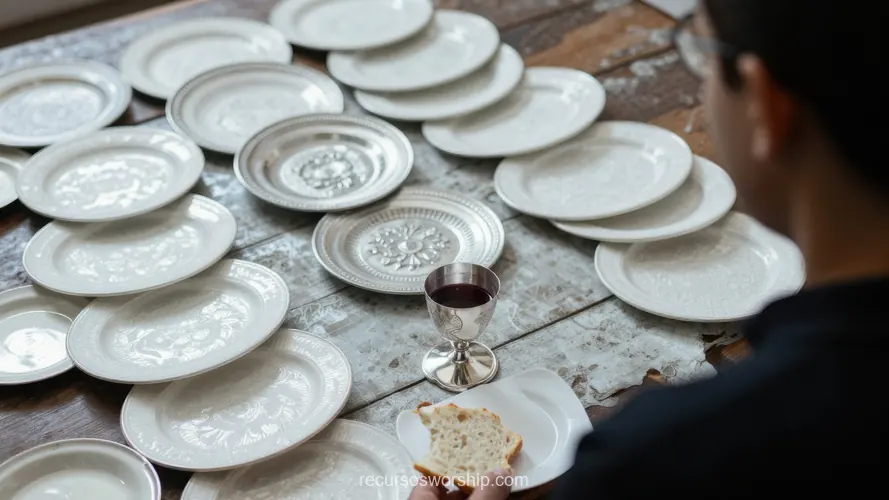 Hombre Espaldas Copa Vino Pan Mesa Madera Múltiples Platos Blancos Vacíos Preparación Santa Cena Hombre espaldas sosteniendo copa vino tinto pan blanco mesa madera multiples platos blancos vacios alineados horizontal natural intimo preparacion santa cena congregacional ministerial