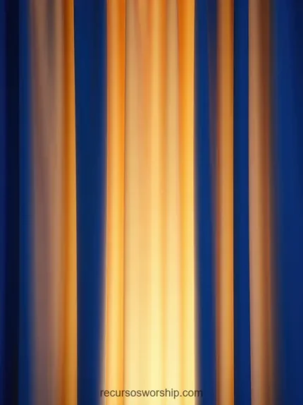 Bandas verticales luz suave azul oscuro profundo lateral naranja dorado brillante franjas verticales luminosas vertical slats teatral elegante solemne contraste azul dorado ministerial gloria