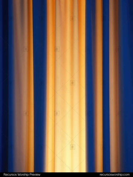Bandas verticales luz suave azul oscuro profundo lateral naranja dorado brillante franjas verticales luminosas vertical slats teatral elegante solemne contraste azul dorado ministerial gloria
