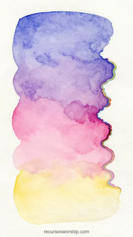 Mancha acuarela vertical violeta azulado superior magenta rosa centro amarillo crema inferior fondo blanco papel artistica fluida expresiva contemplativa devocional ministerial artesanal suave