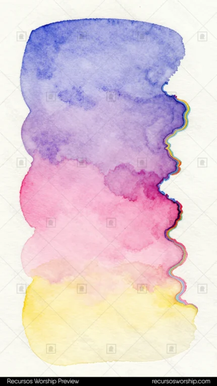 Mancha acuarela vertical violeta azulado superior magenta rosa centro amarillo crema inferior fondo blanco papel artistica fluida expresiva contemplativa devocional ministerial artesanal suave