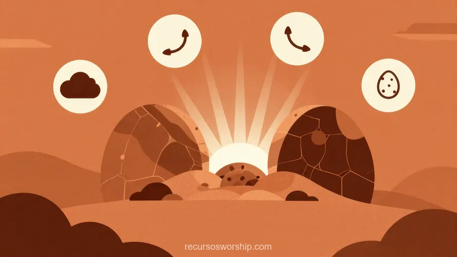 Flat Vector Moderno Rocas Terracota Luz Dorada Tumba Abierta Íconos Digitales Fondo Terracota Pascua Ilustracion flat vector moderno rocas piedra terracota luz blanca dorada tumba abierta iconos circulares nube telefono huevo fondo terracota degradado horizontal app redes sociales pascua